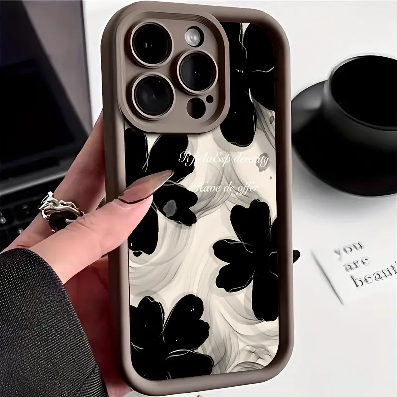 Abstract Ink Black Flower Marble Swirl Soft TPU Phone Case For iPhone X XS XSMax 11 12 13 14 15 16 17 Plus Pro ProMax Mini Shockproof Raised Camera Lens Anti-Scratch Protective Cover