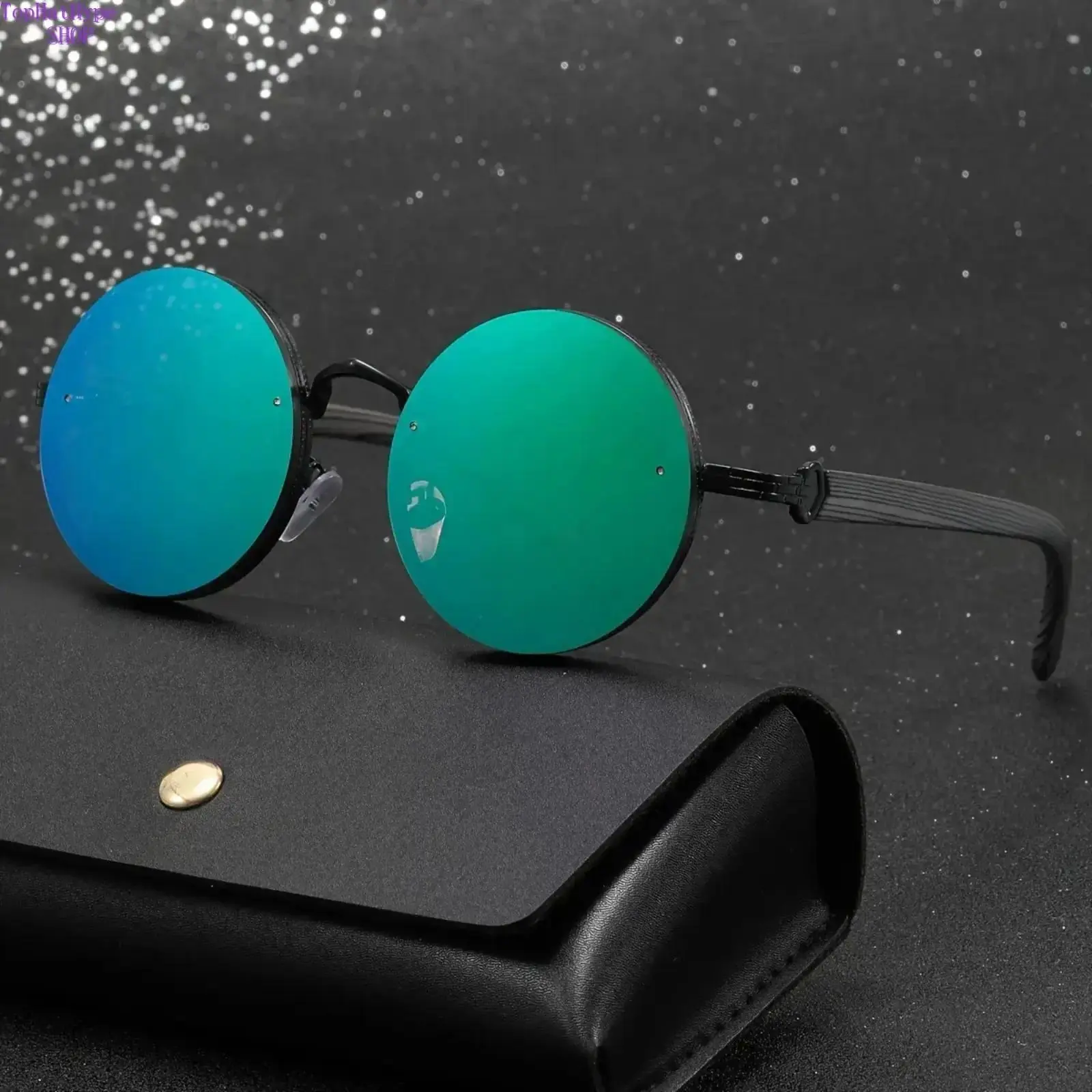 XUH Unisex Vintage Round Polarized Sunglasses - Metal Full-Rim Frame, Faux Wood Grain Temples, UV400 Anti-Glare Lightweight Dark UV Protection Lens, Casual Aesthetic Men's Sunglasses for Daily Wear, Driving, Nylon, Dark Lenses