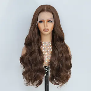 Women's 13x6 Glueless Lace Front Wig, Long Brown Synthetic Body Wave Wig with Pre-Plucked Hairline, Wear and Go Fashion Accessory