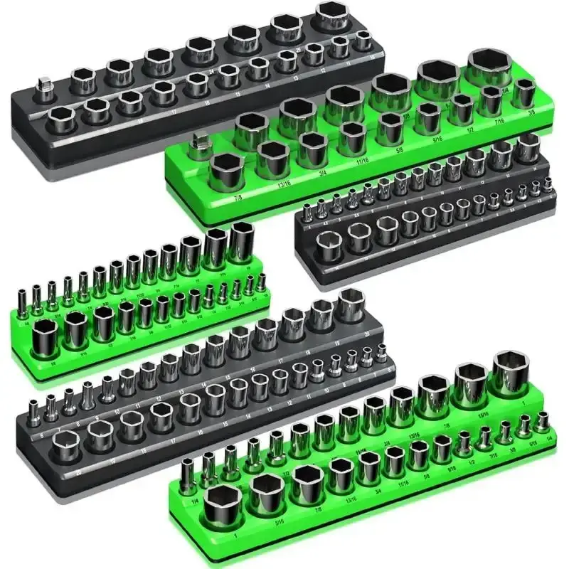 Magnetic Socket Organizer Holder Set for Mechanic Stuff & Tool Box Drawer Organization - 1/4", 3/8", 1/2" Drive Metric SAE Trays (Sockets Not Included)