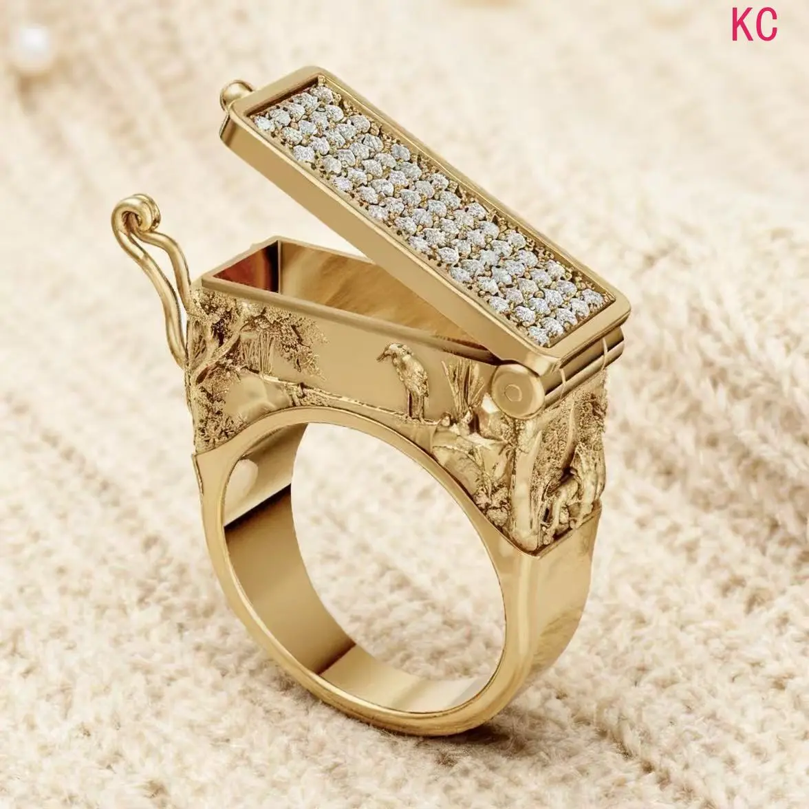 Vintage Gold Engraved Flip Ring With Full Stones, Luxurious Finger Jewelry For Men Daily Outfit Matching
