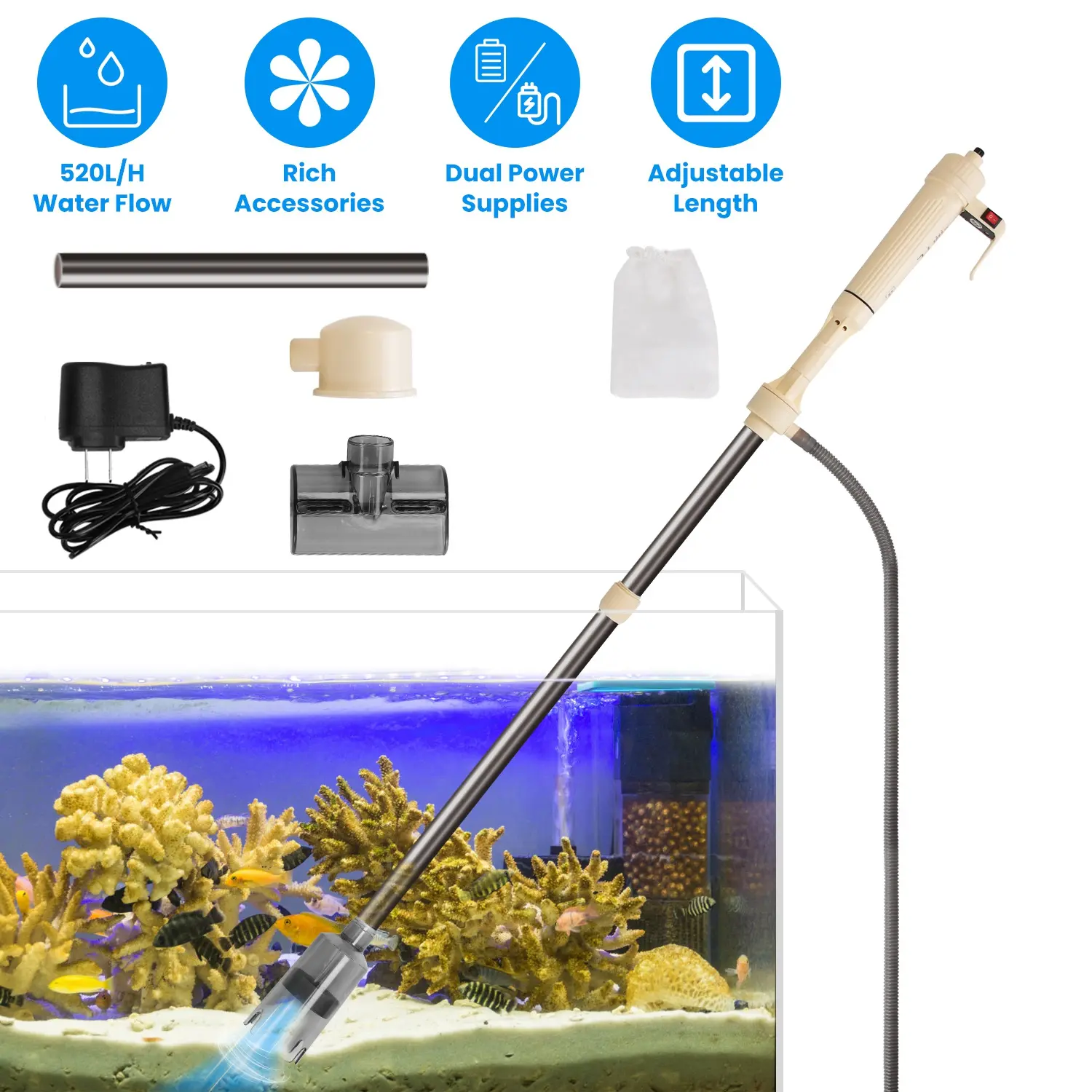 Electric Aquarium Gravel Cleaner Kit | Multifunctional Fish Tank Vacuum Cleaner Change Water Wash Sand Filter Dirt Removal, Adjustable Length, Easy Install for Fresh & Saltwater Tanks