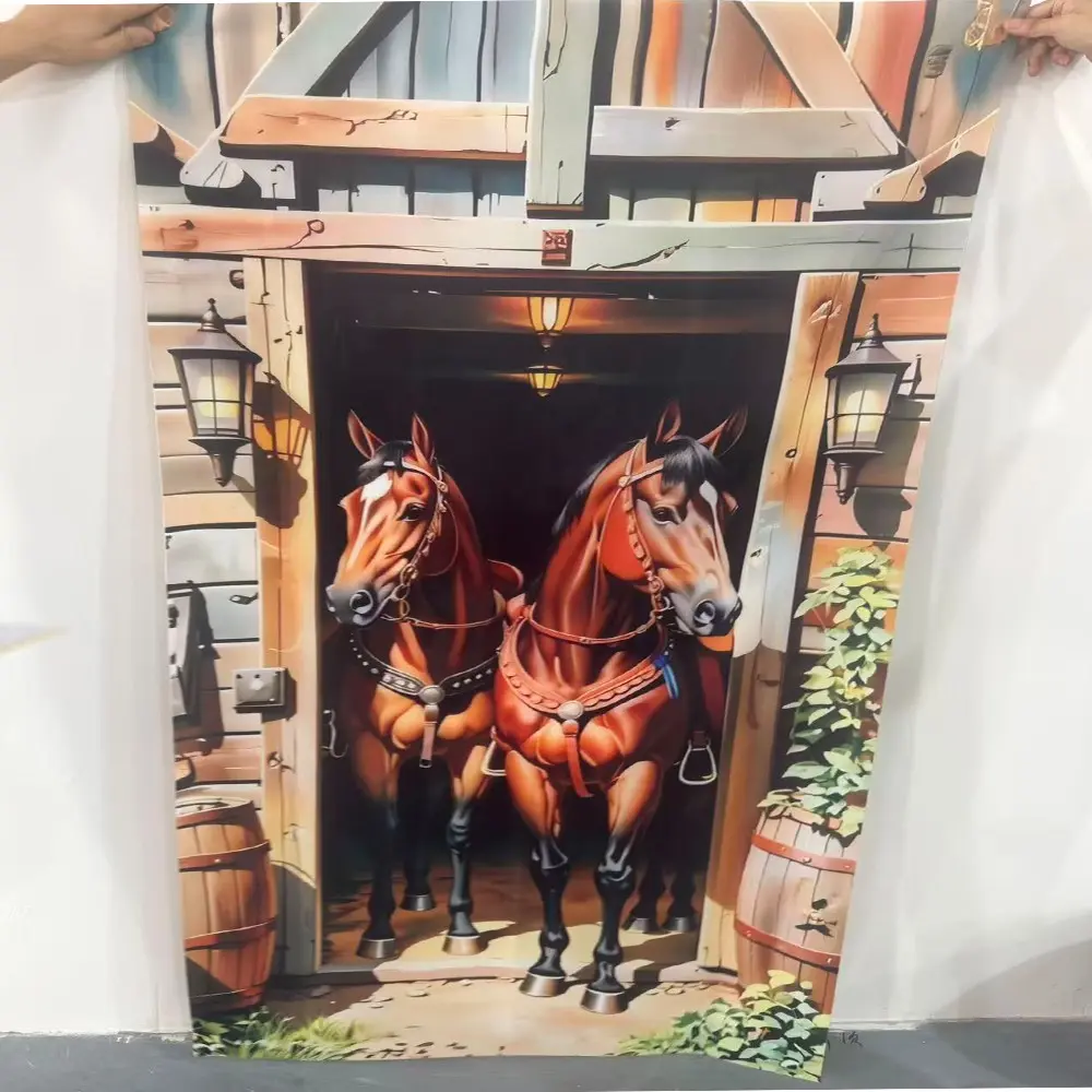2D Flat Room Decor Banner 1pc Horse Stable Design Wall Hanging Backdrop, Vintage Farm Print Decor, Western Cowboy Party Decor Supplies, Rustic Home Wall Decoration, Polyester Material
