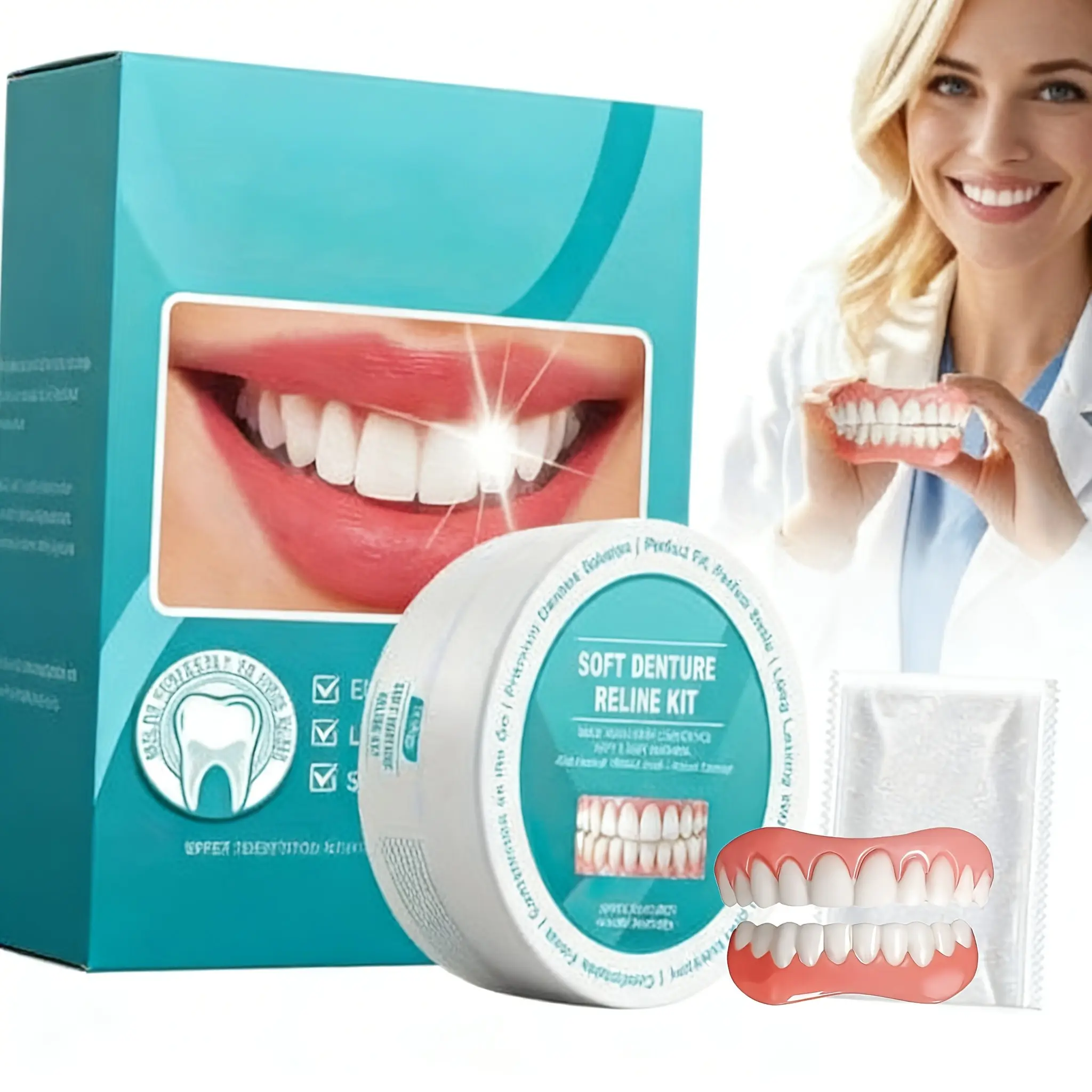Cosmetic Teeth Veneers 2-Pack Adjustable Upper And Lower False Teeth Set Quick Smile Recovery Comfortable Removable Temporary False Teeth Seamless Design Oral Beauty Care