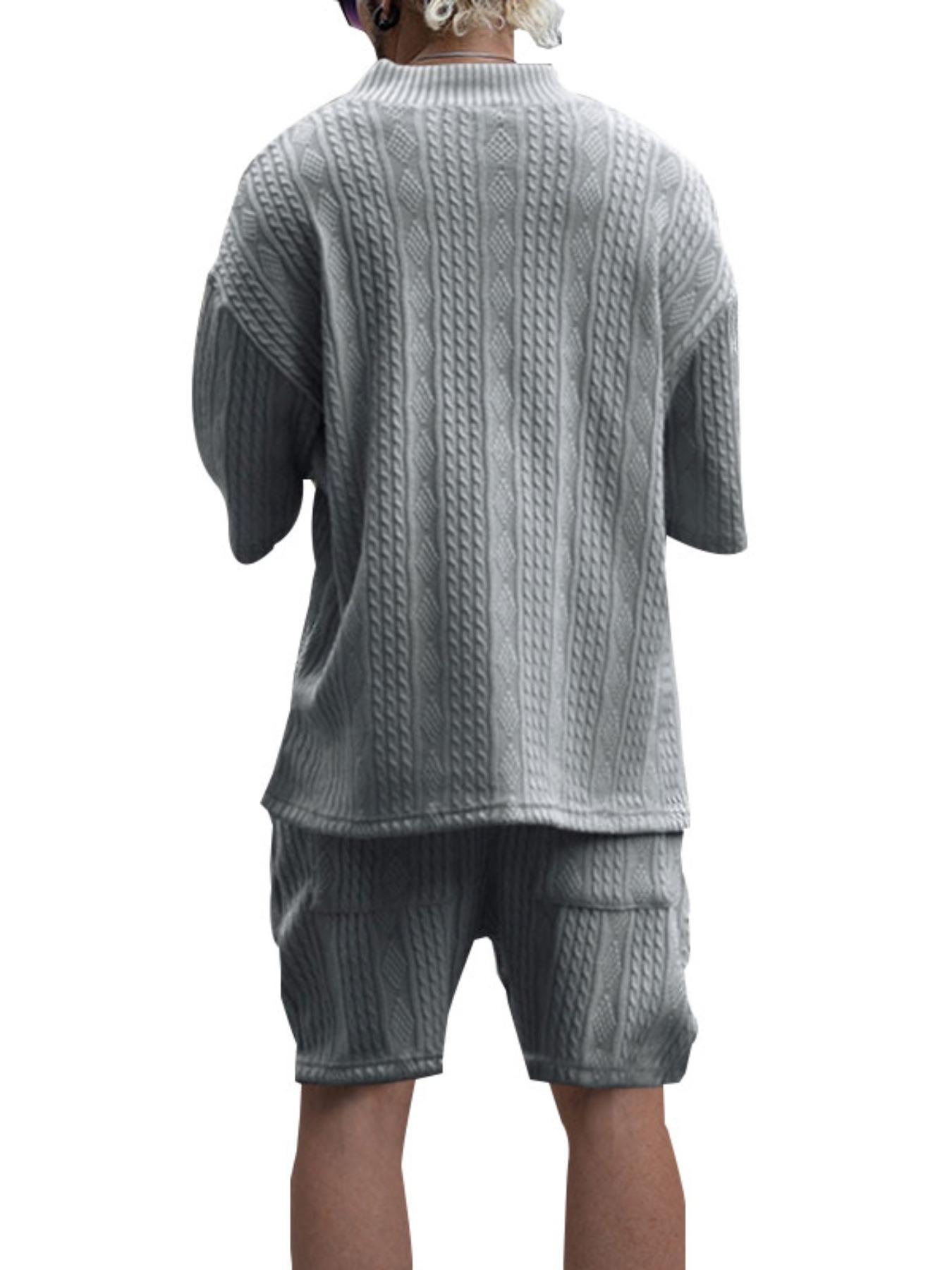 Men's Solid Drop Shoulder Knit Top & Shorts Two-Piece Set, Loose Casual Fashion Cozy Breathable Short Sleeve T-shirt & Shorts for Daily Outdoor Wear, Menswear for Summer, Clothing