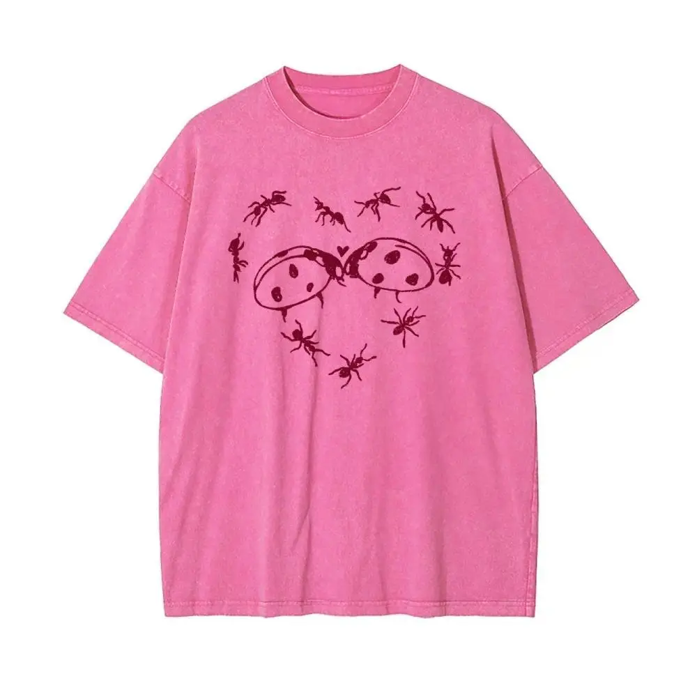 Men's Casual Short-Sleeve Round Neck Menswear T-Shirt - 100% Washed Cotton Oversize Fit All Seasons Unisex Streetwear Top with Ants & Ladybugs Artistic Print