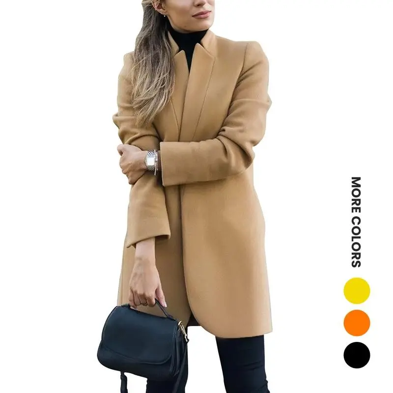Women's Stand Collar Open Front Pea Coat Casual Winter Warm Overcoat Mid Long Blazer Trench Outerwear With Invisible Pockets