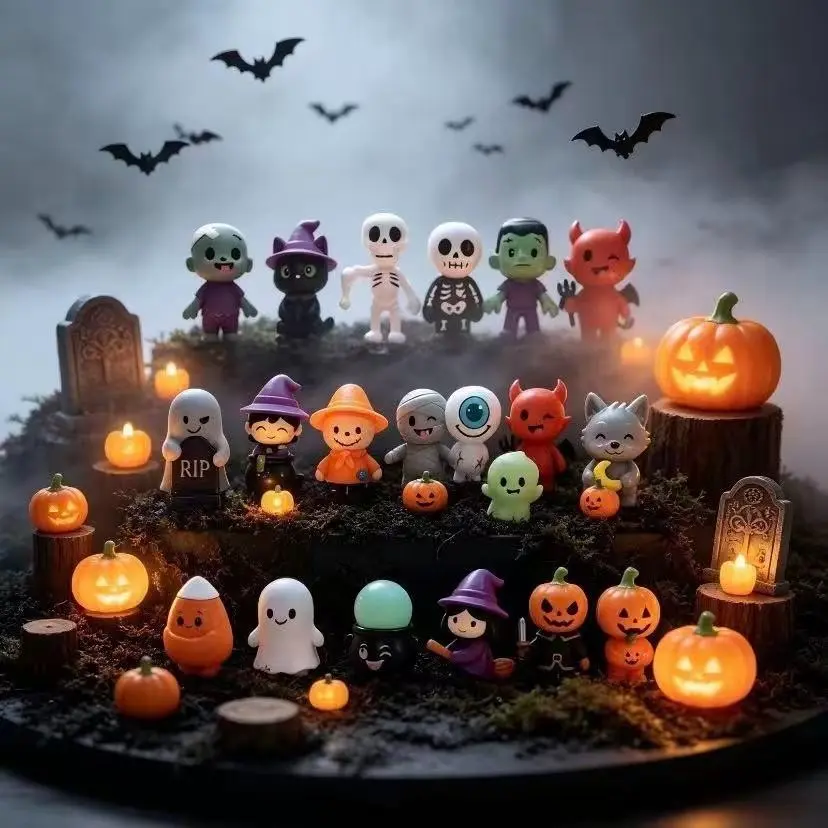 24 Halloween Mini Doll Set, 5cm Cute Cartoon HorrorCharacters, Ghost Pumpkin Witch Skull, Party Decor, FairyGarden, Trick-Or-Treat Gift