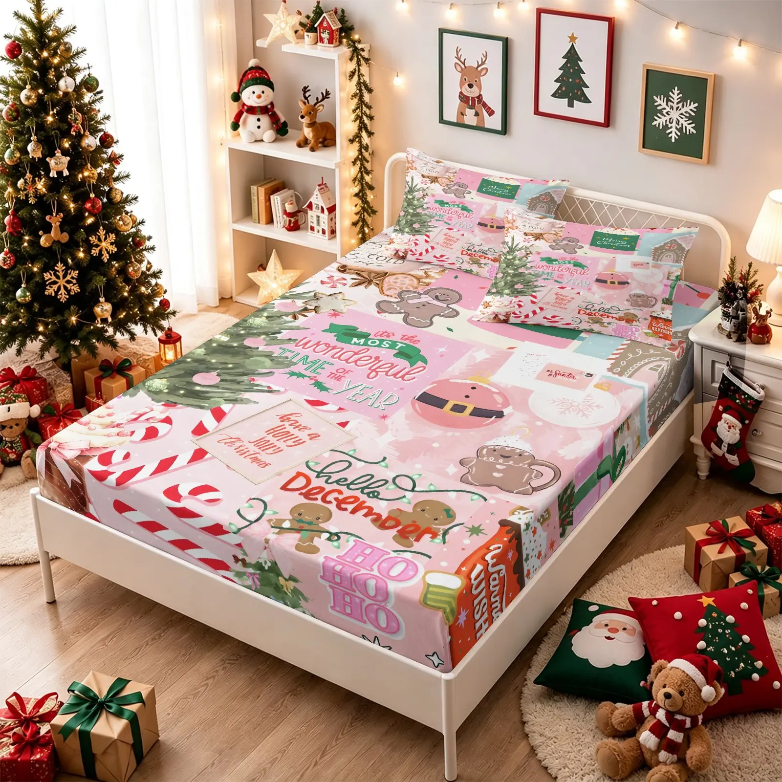 Pink Christmas Collage Gingerbread Man Fitted Sheet Bedding Set (1 Fitted Sheet + 2 Pillowcases), Candy Cane Snowman Xmas Letter Print, Soft Microfiber Deep Pocket Sheet, Cute Festive Bedroom Decor