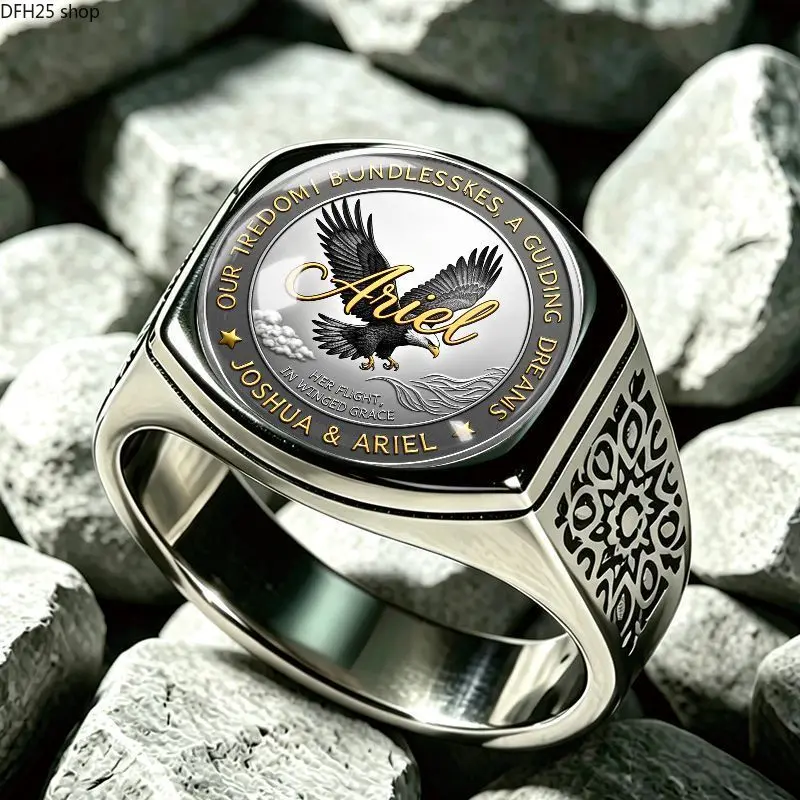 Bald Eagle Memorial Signet Ring, Vintage Engraved Statement Design with Inspirational Lettering for Unisex Daily Wear and Casual Outfits