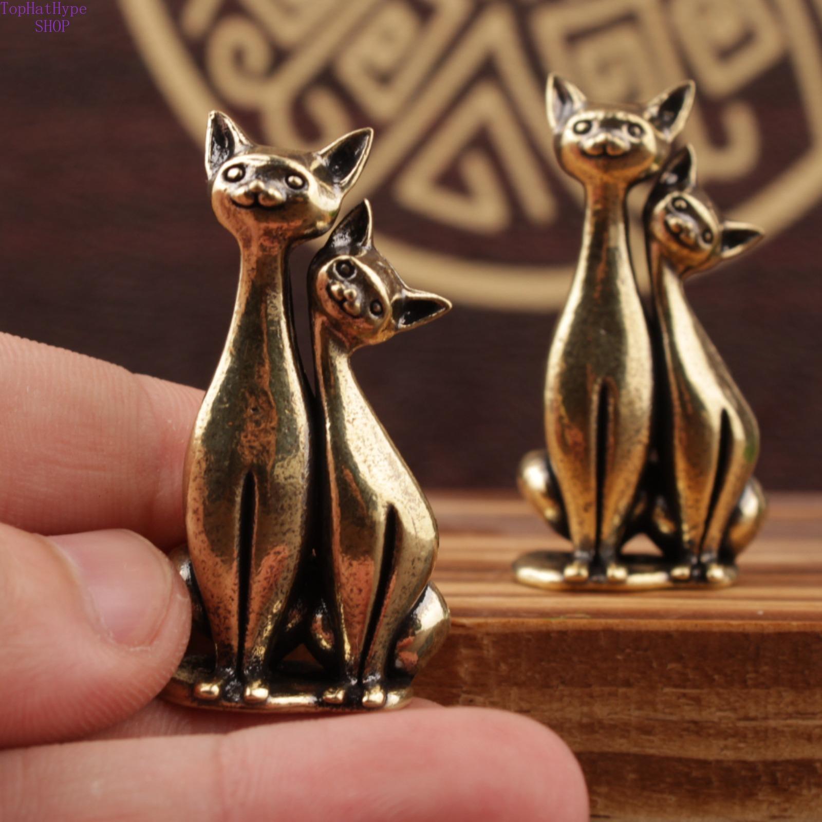 Trending Brass Couple Cat Figurines, Cute Mini Home & Office Desktop Ornaments, Vintage Animal Decor for Tabletop & Shelf Display