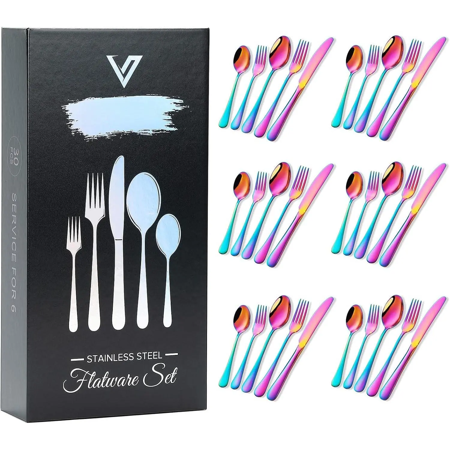 Rainbow Flatware Cutlery Silverware Set 20 count, Stainless Steel Colorful Utensils, Tableware Set Service for 4, Include /Fork/Spoon, , Mirror Polished, Dishwasher Safe