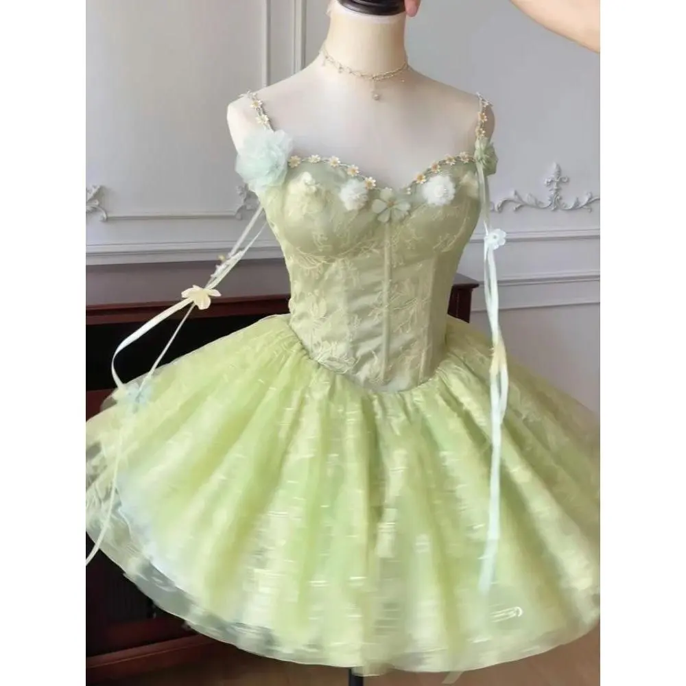 Sweet Fashion Princess Fairy Y2k Mini Dress Chic Design Flower Vintage Green Dress Japanese Kawaii Slim Puffy Summer Outfits New