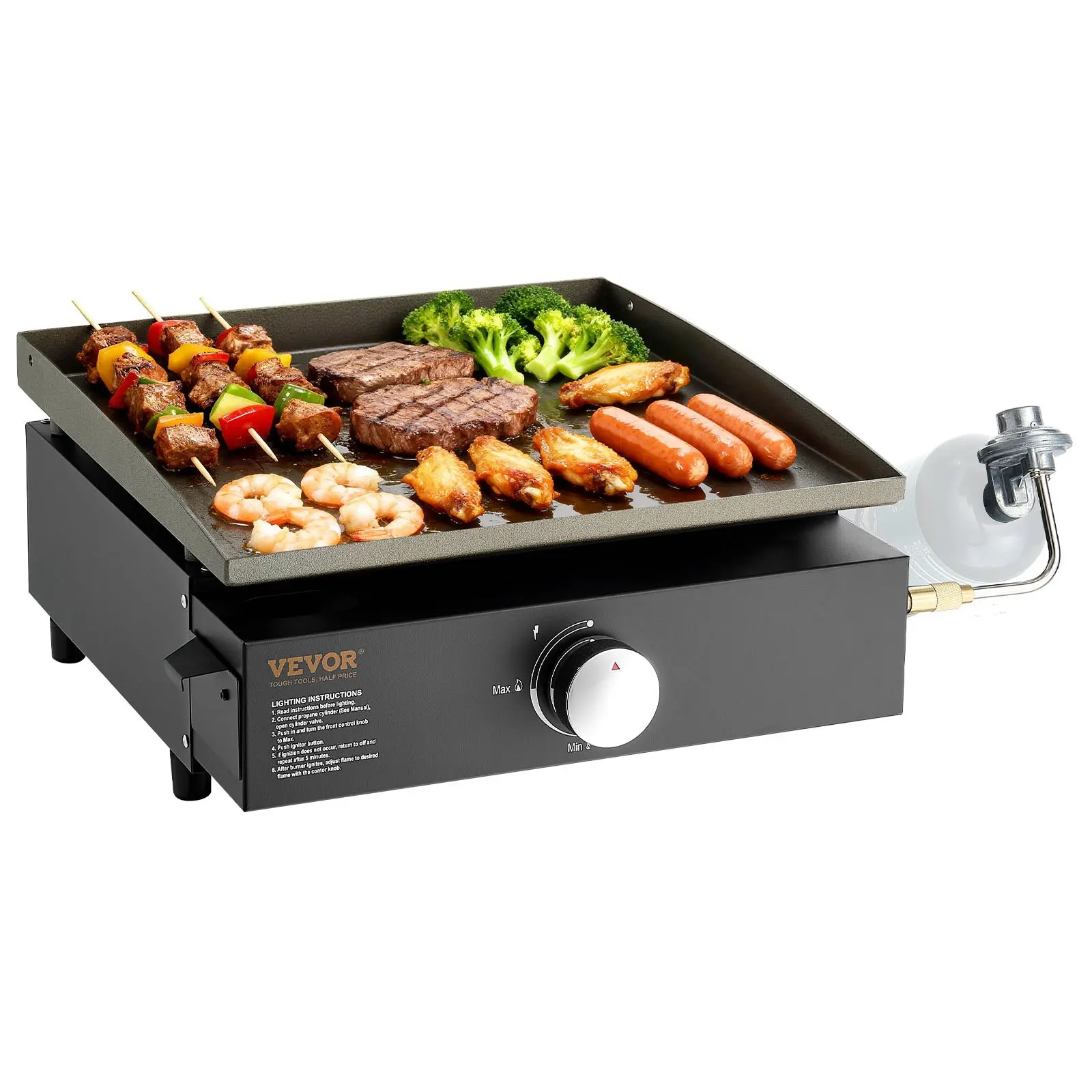 VEVOR Commercial Griddle, 16.9" Heavy Duty Manual Flat Top Griddle, Countertop Gas Grill with Non-Stick Cooking Plate, Steel Natural Gas Griddle, 2-Burners Restaurant Portable Grill - 22, 000 BTU