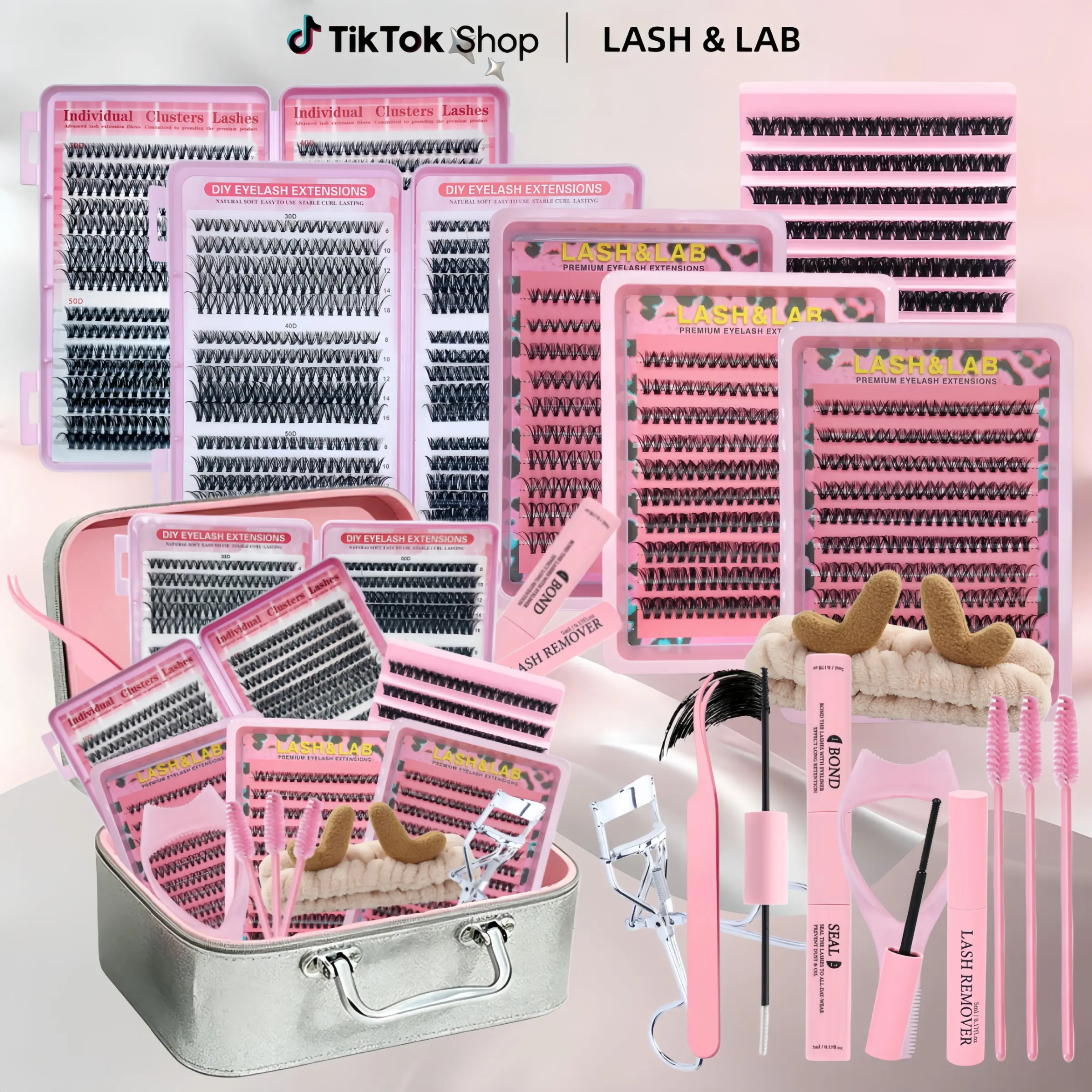Lash&Lab Lash Clusters, DIY Eyelashes Clusters, False Eyelash Cluster, Makeup Set – Mixed Length DIY Eyelash Extensions with 6 Boxes of Lashes, Cosmetic Case, Bond & Seal, Remover, Tweezers, Lash Applicator, D Curl Long-Lasting for Women & Beginners