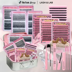 Lash&Lab Lash Clusters Makeup Kit – Mixed Length DIY Eyelash Extensions with 6 Boxes of Lashes, Cosmetic Case, Bond & Seal, Remover, Tweezers, Lash Applicator, Curler, 3 Brushes & Headband, D Curl Long-Lasting Makeup Set for Women & Beginners