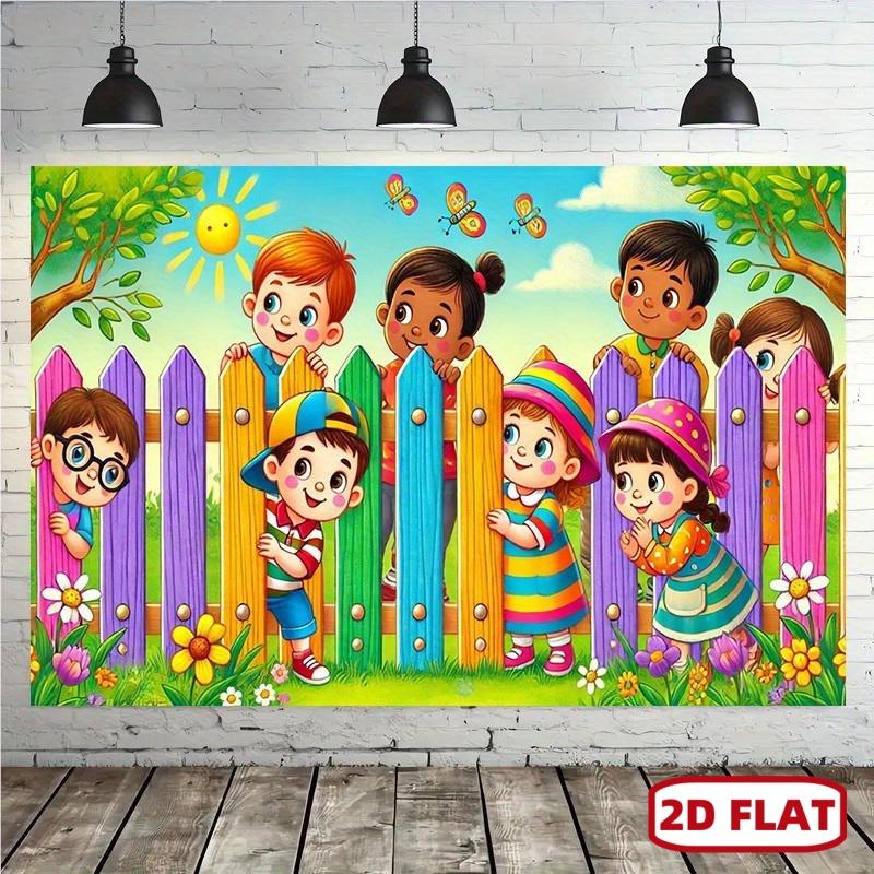 1pc Vibrant Playground Scene Backdrop, 8x6ft Polyester Wall Banner - Colorful Fence, Sun, Flowers, and Happy Faces, Perfect for Home Decor, Parties, Studios, and Outdoor Celebrations, Party Backdrop | Playful