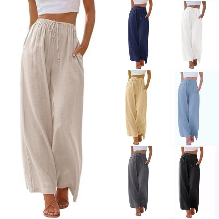 Women's Linen Loose Casual Pants with Pockets and Drawstring, Wide-Leg Trousers for Beach Vacation, Loose Fit, Plus Size, Comfortable
