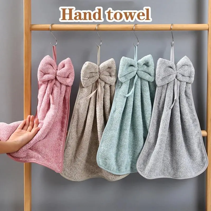 Bow Shaped Hand Towel Coral Fleece Bathroom and Kitchen Hanging Towel, Plain Color, Hanging Cloth, Handkerchief