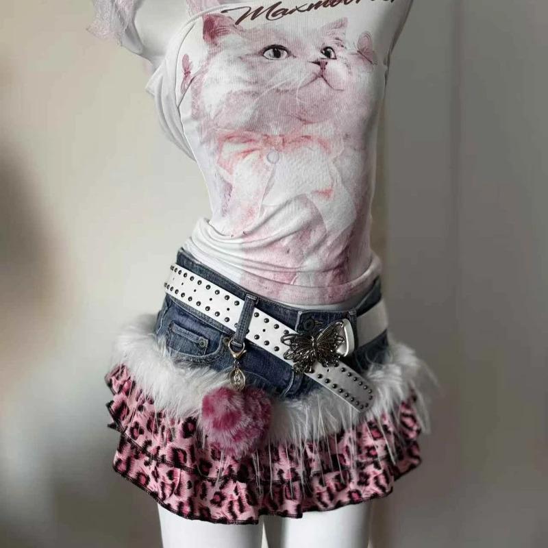 Pink Leopard Design Vintage Denim Mini Skirt Hot Girls Y2k Patchwork Print Babe Outfits High Steet Casual Skirts 2000s Clothing