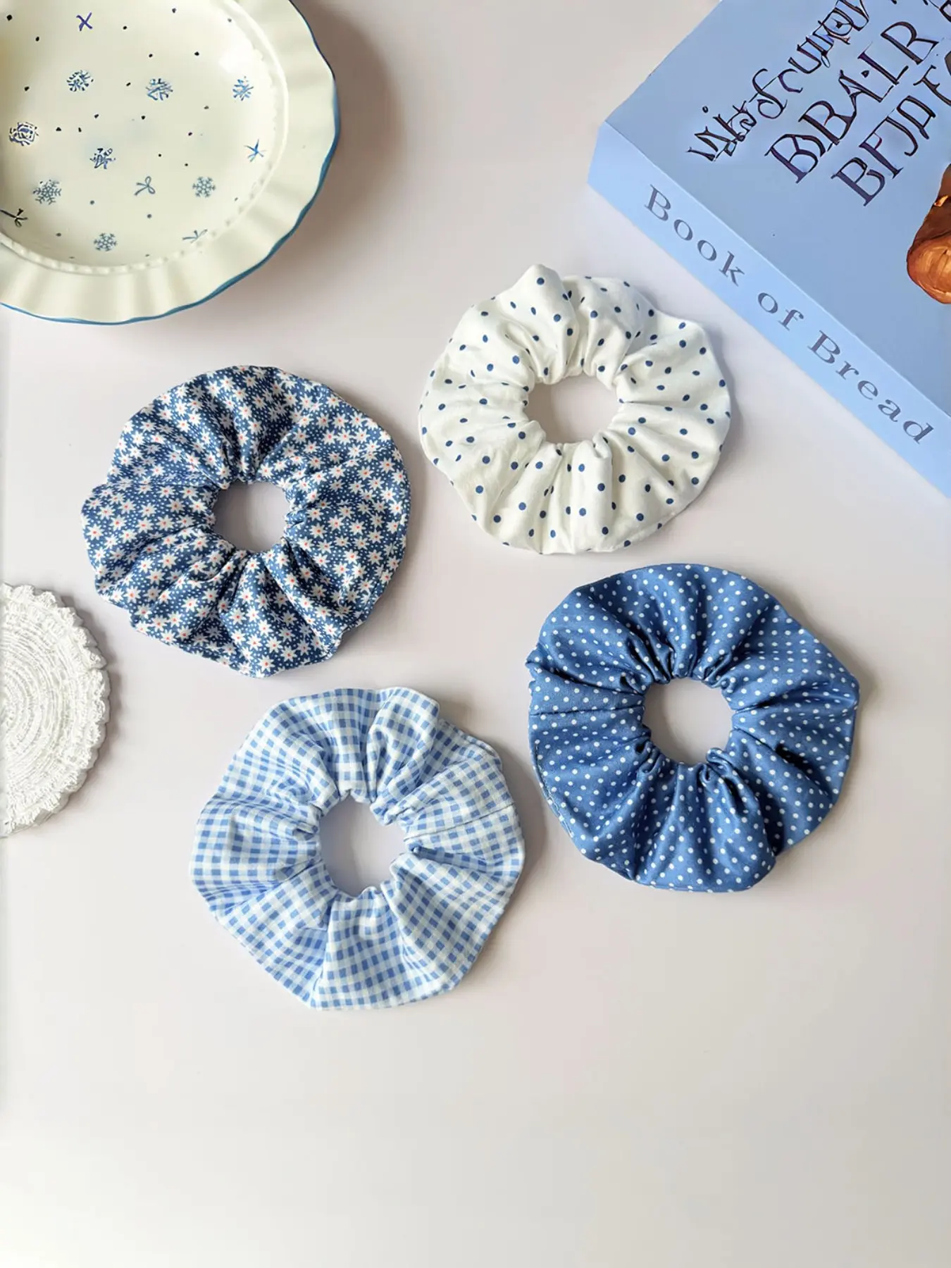 4Pcs Blue Scrunchie Set Ditsy Floral Polka Dot Gingham Check White & Blue Cotton Fabric Ruffle Elastic Hair Ties Soft Ponytail Holders for Women Girls Daily Work School Dating Summer Spring Fresh Cottagecore Aesthetic Hair Accessory