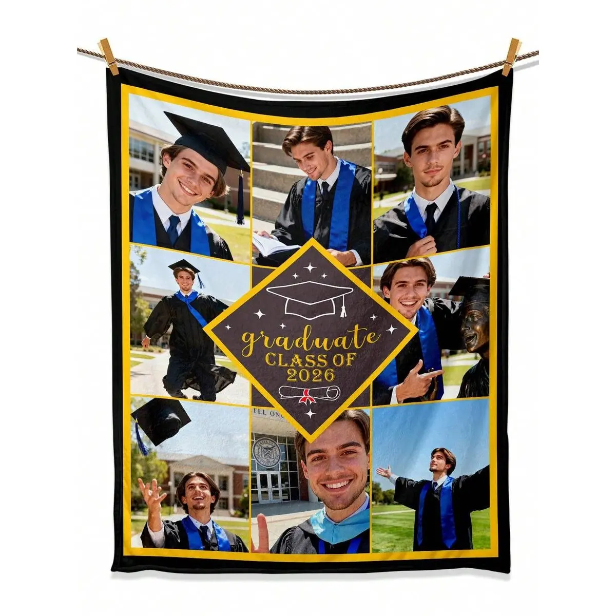 1 Custom Photo Collage Graduation Blanket – Exclusive design for the Class of 2026 featuring graduation cap and diploma motifs; soft, warm, high-definition 280GSM flannel-a customizable keepsake gift.