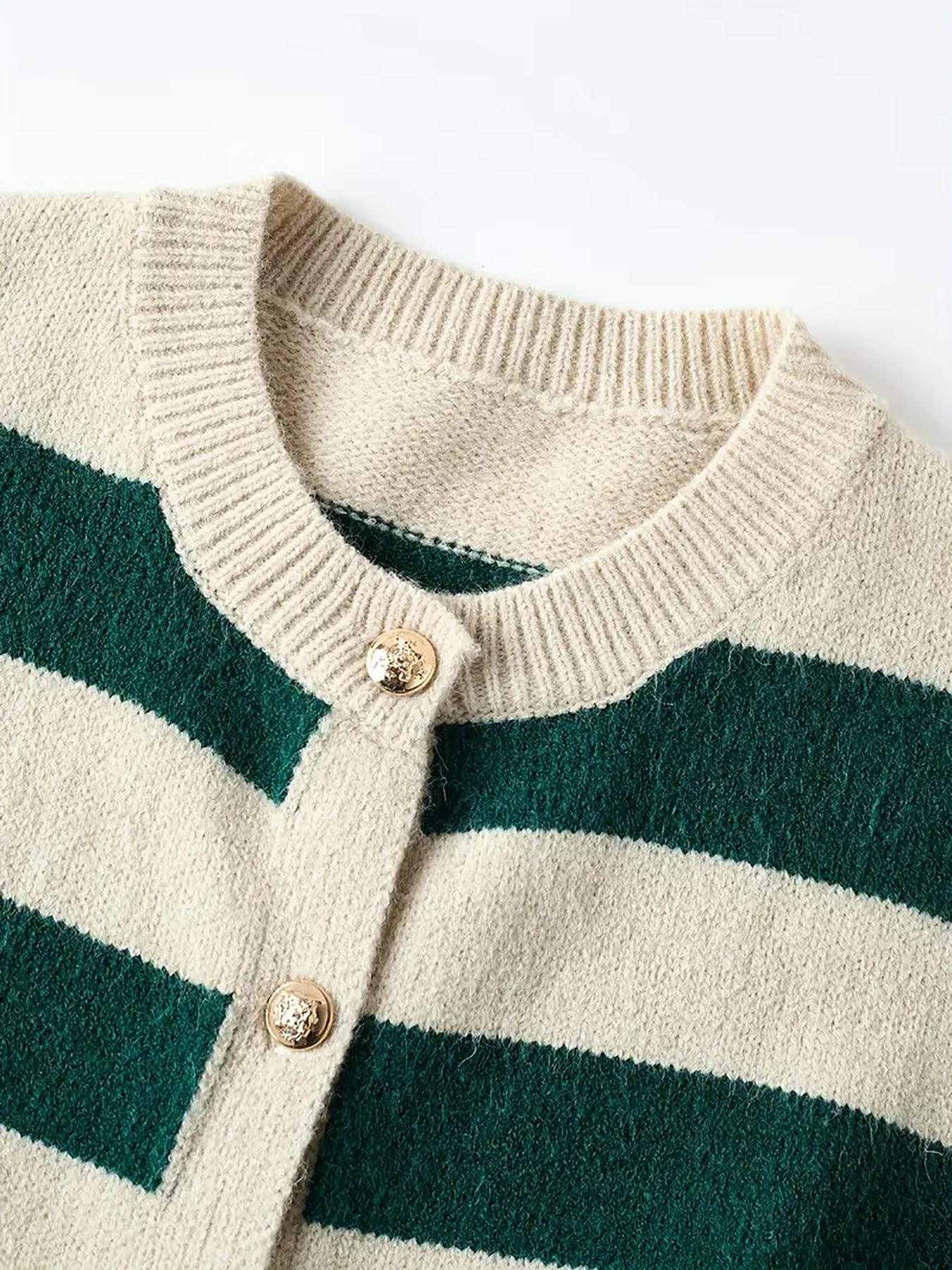 Women's Fall Winter Casual Loose-Fit Knitted Cardigan, Round Neck Colorblock Striped Sweater Coat, Soft Comfortable High-End Design