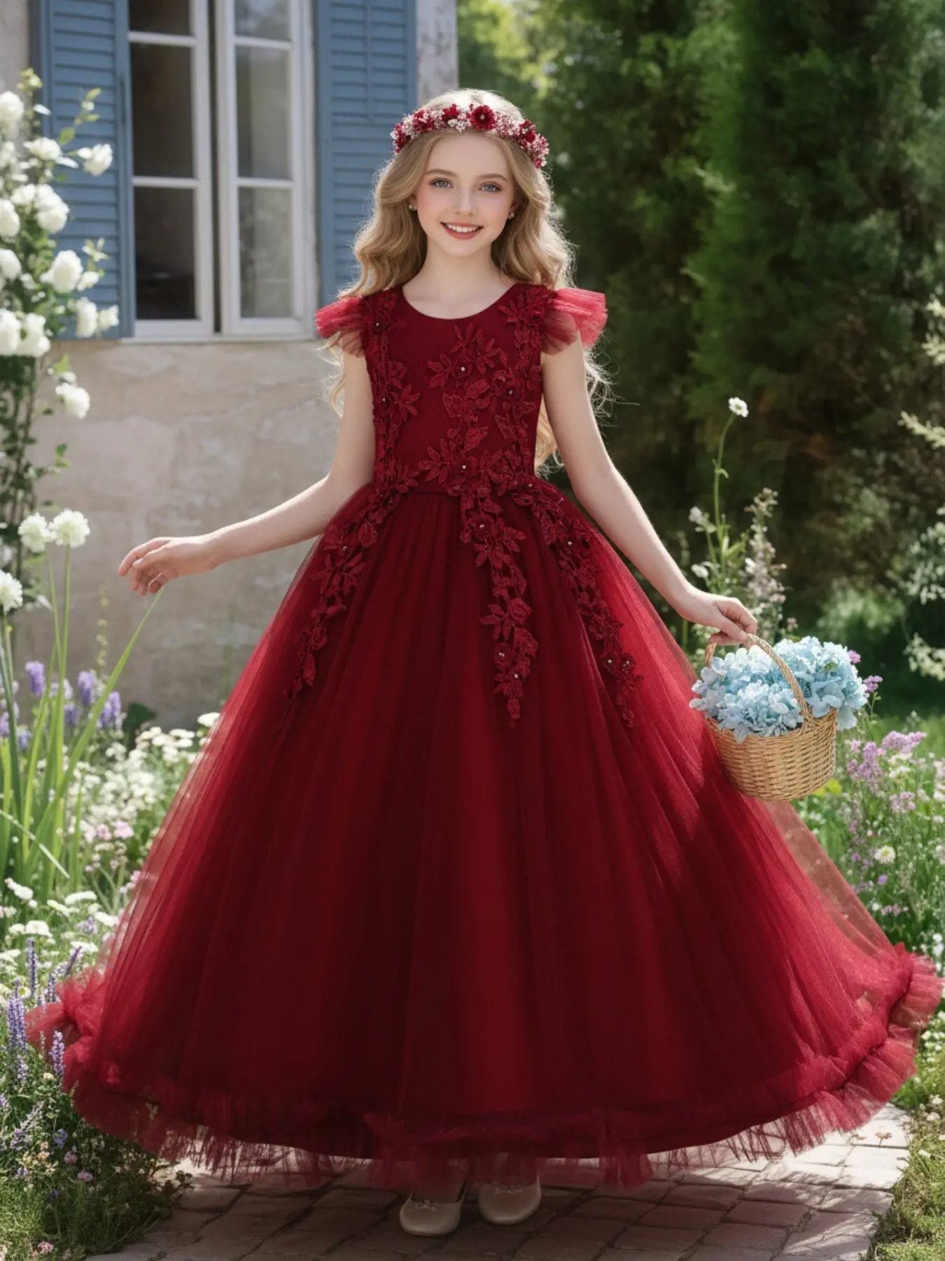 Girls' Embroidered Floral Evening Dress, Child Birthday Princess Dress, Girl lace  princess dress floor length wedding flower girl dress, Tulle Dress, Piano Performance Dress, Elegant Party Dress, Multiple Colors Available