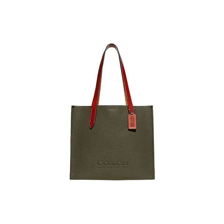 COACH Relay Series 35 Embossed Logo Solid Croc-Embossed Leather Tote Bag for Men, Deep Green