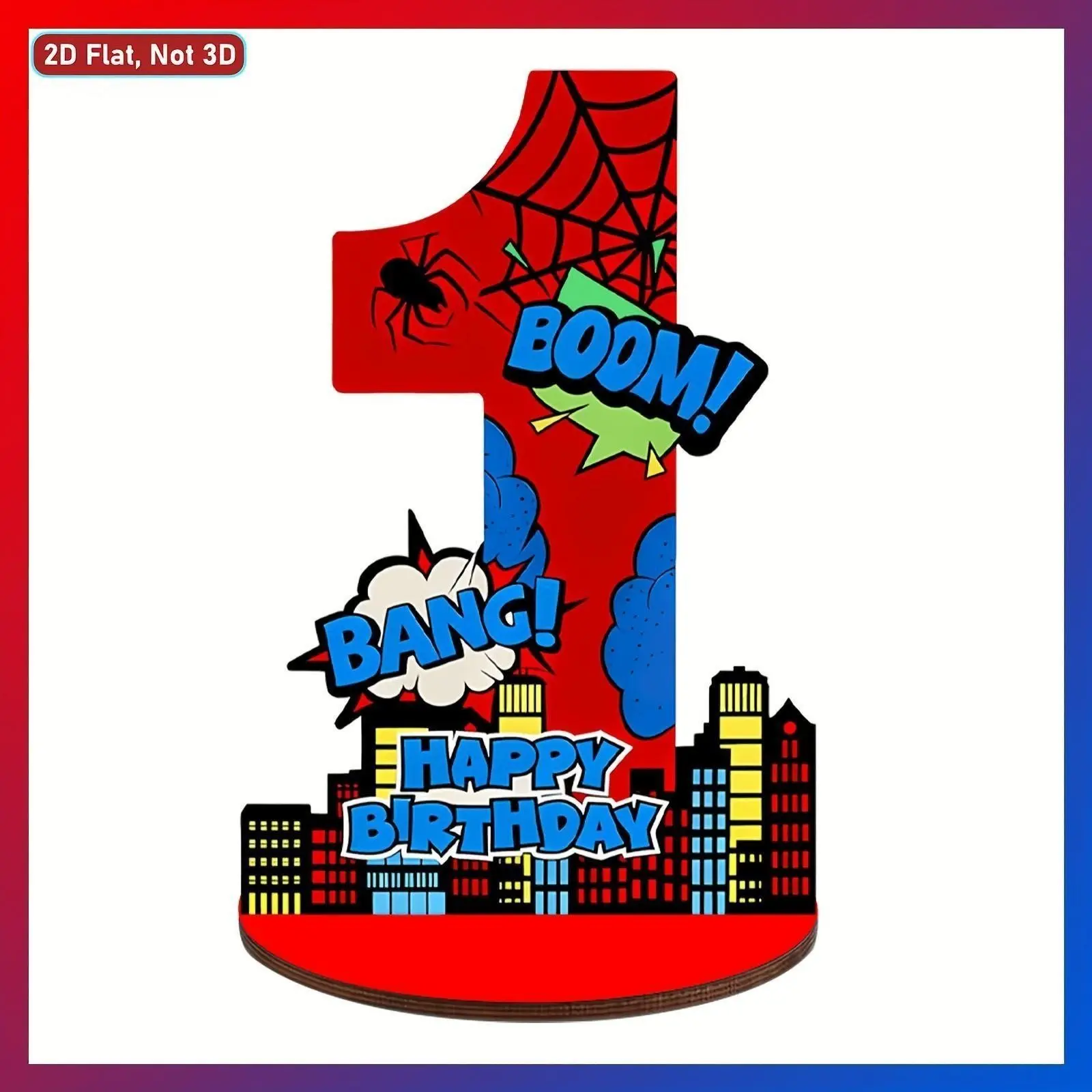 Cartoon Superhero Spider Web Number 1 Wooden Table Centerpiece, Boom Bang Comic Style Happy Birthday Wood Standing Decor, Baby First Birthday Party Indoor Table Display Prop