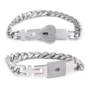 2Pcs Tone Stainless Steel Lover Heart Love Lock Bracelet with Lock Key Bangles Kit Couple Jewelry Gift