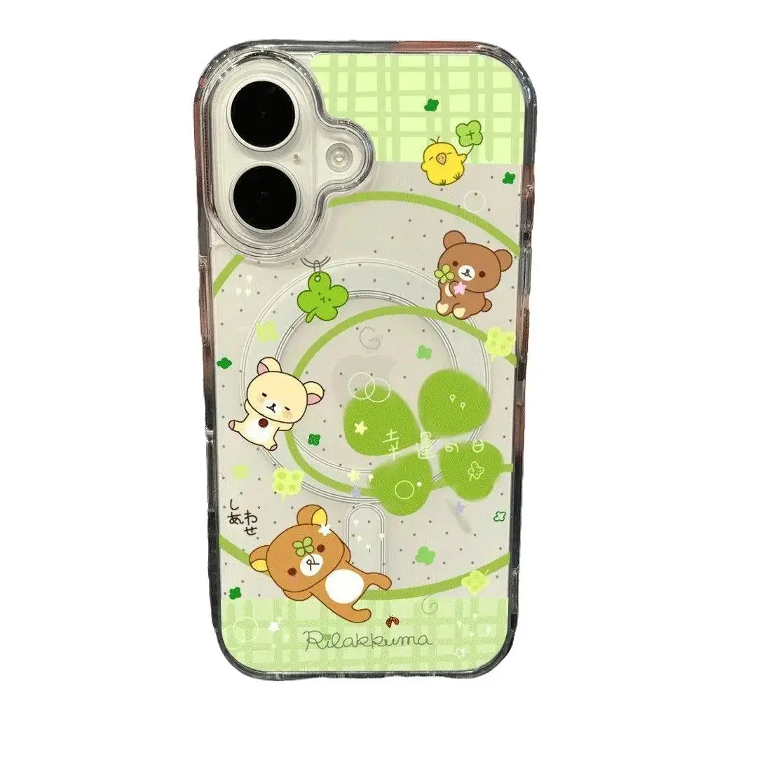Korean Ins R-Rilakkuma Green Leaf Phone Case for Magnetic iPhone 17 16 15 14 13 12 11 Pro Max 14 15 16 17Air Plus Samsung S21 S22 S23 S24 S25 A Series ZFLIP Y2K Cover