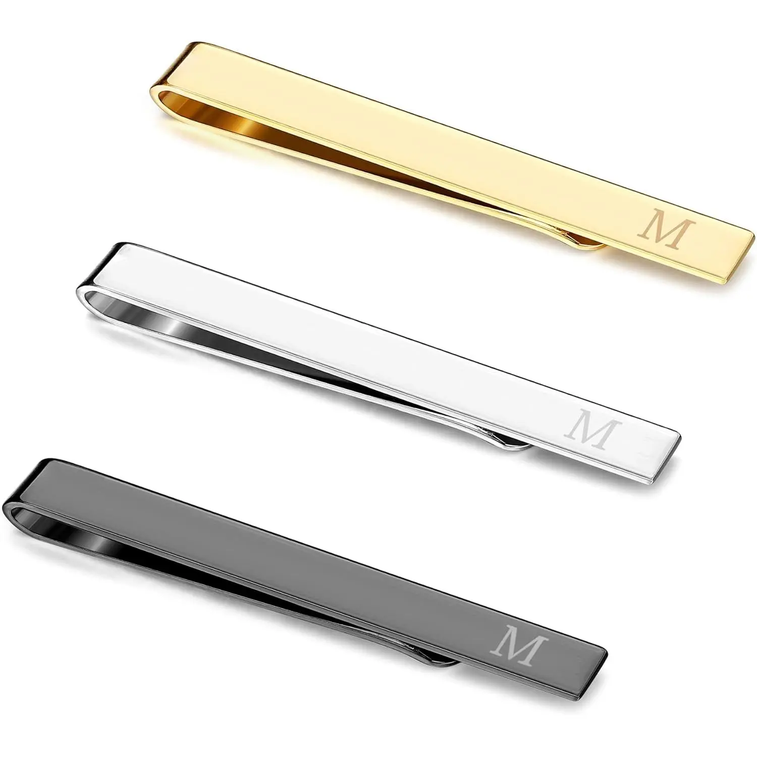 3 Pcs Stainless Steel Tie Clips for Men Elegant Personalized Letter Tie Clip Set for Men Classic Gold Plated Silver Black Tone Tie Bar