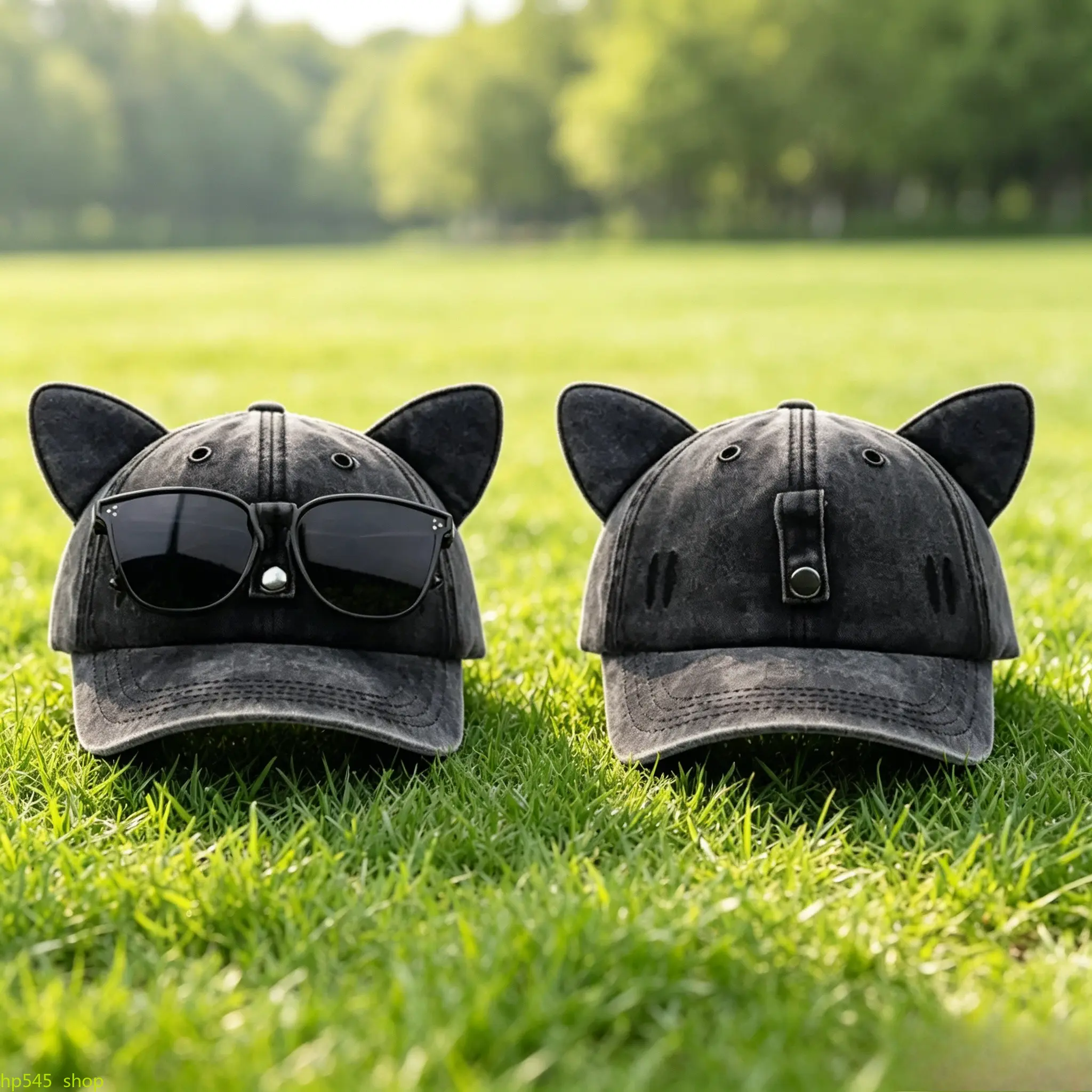 Y2K Cat Ear Trucker Hat with Detachable Sunglasses, Vintage Washed Baseball Cap Pilot Style UV Protection Snapback, Hip Hop Streetwear Adjustable Unisex Cap Sun Protection Lightweight Breathable Beach Festival Party Travel,summervibes