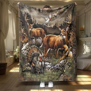 deer print soft blanket, 1 count/2 counts multi-purpose decorative throw blanket, air-conditioned room blanket, warm nap blanket for home office travel camping