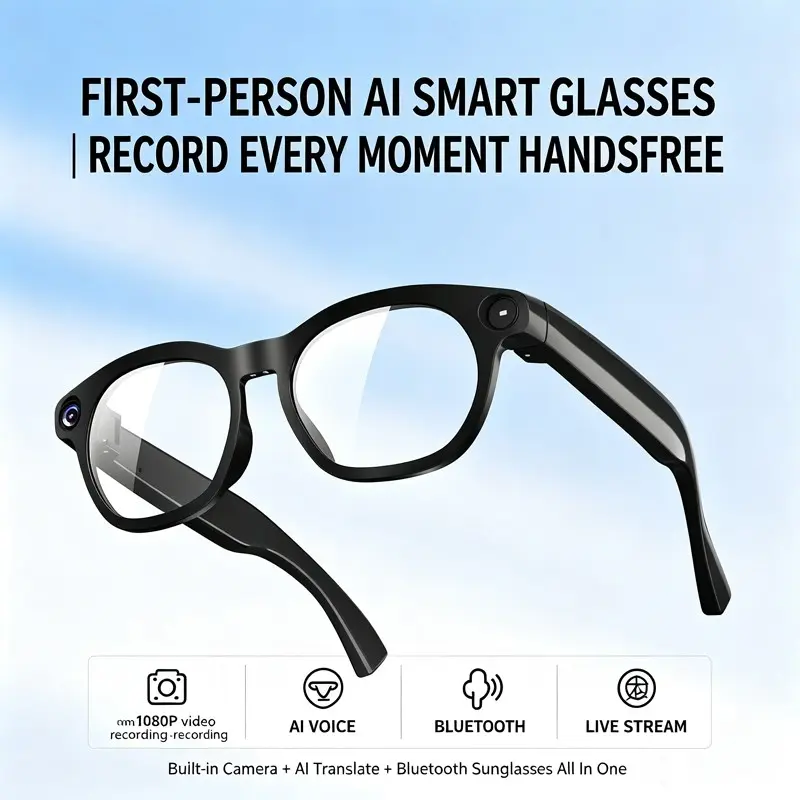 First-Person Pov Smart Glasses with 8mp 1080P Camera, Ai Voice Assistant, Real-Time Call Translation, Bluetooth-compatible Headphones, Tiktok Live Streaming