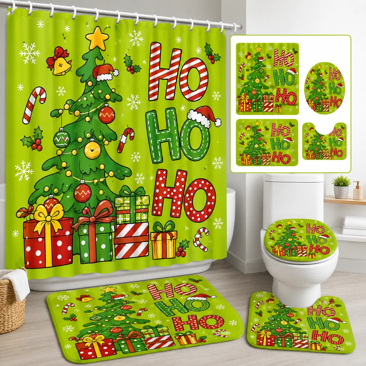 Christmas Tree Bathroom Set, Non-Slip Mat, U-Shaped Rug, Toilet Lid Cover, Waterproof Decorative Shower Curtain, Aesthetic Bathroom Decor Accessories, Bathroom Accessory #GLOBAL PICKS