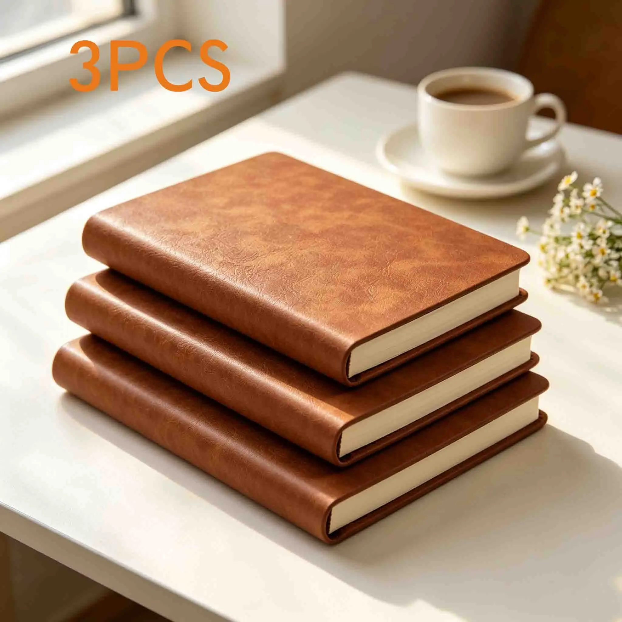 Set of 3 notebooks with soft brown PU leather covers; B5-size, multi-colored hardcover Travelers Notebook writing journals suitable for men and women; 100 sheets per notebook with wide-ruled pages; ideal for travel, business, office, and study use.