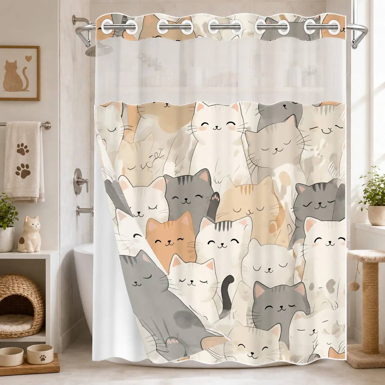 1pc hookless bathroom shower curtain with buckle lining, multi-colored densely arranged cat design, 2D flat printing, waterproof fabric lining, see-through double-layer shower curtain and liner, 71 x 74 inches, modern home draping curtain