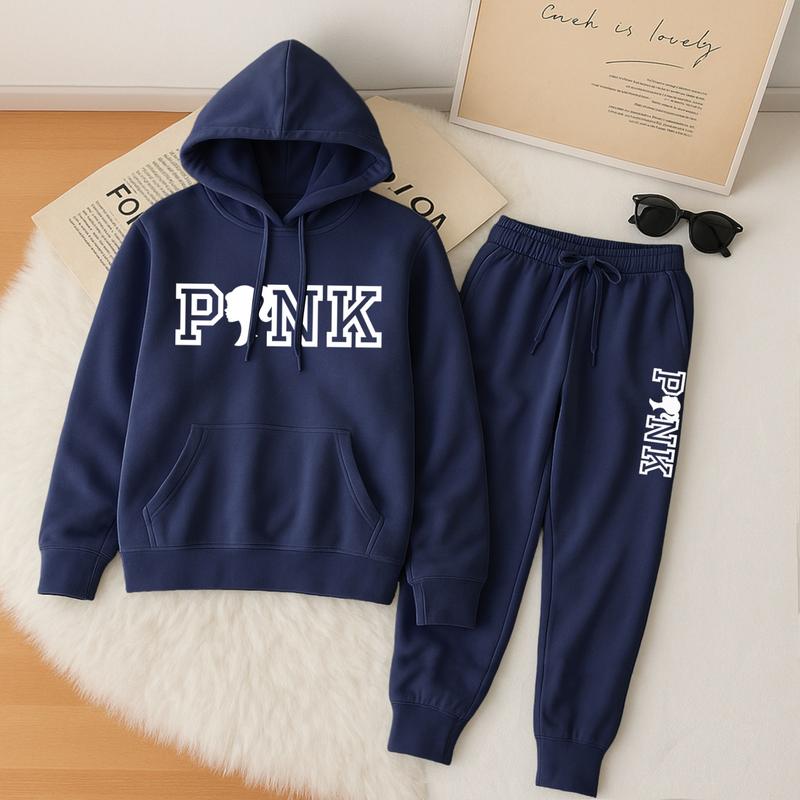 Women's Pink Girl Print Hoodie And Drawstring Track Pants Set, Casual Sportswear, Long-Sleeved Hooded Jacket And Pants, Suitable For Autumn And Winter, Everyday Wear, Indoor And Outdoor Sportswear, Sportswear Set, Casual Sportswear