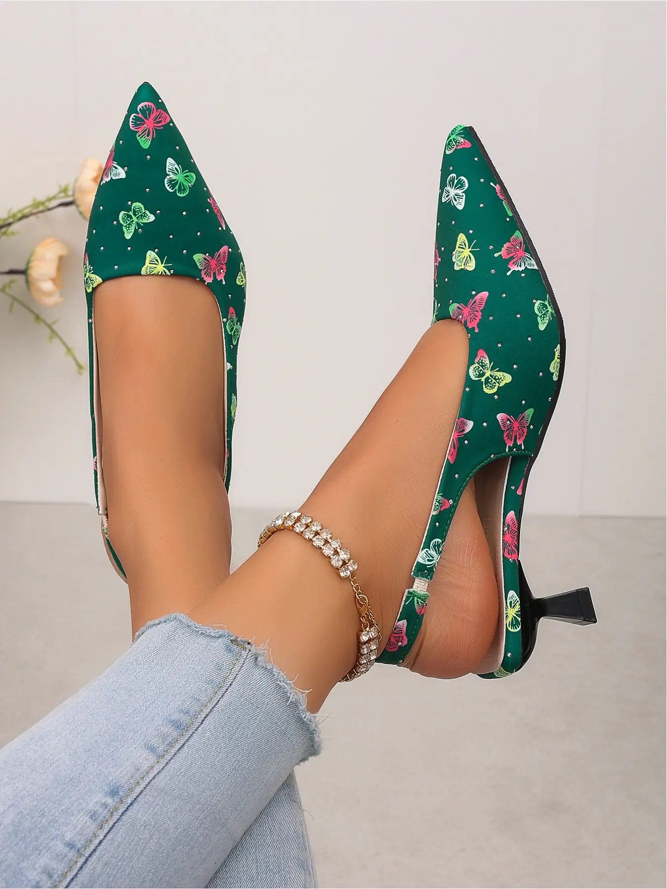 Vintage Green Butterfly Printed Satin Backless Pumps - Pointed Low Heel Evening Shoes