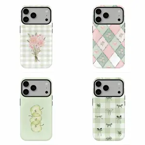 Viral Fresh Green Apple Gingham Bow Phone Case, Compatible for iPhone 17Promax 16 15 14 13 12 11 and for Samsung S26‑21, Cottagecore Pastel Aesthetic, Soft Watercolor Vibe, Shockproof Protective Cover, Perfect Girls Daily Gift