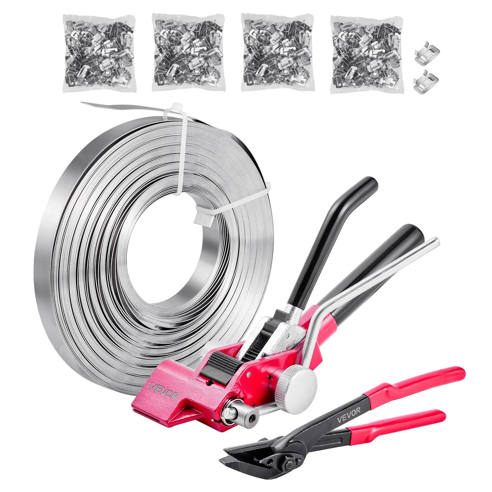 Steel Banding Strapping Kit, Heavy Duty Banding Sealer Tool with 400 ft Binding Straps, 400 Metal Clasps, Manual Pallet Packaging Strapping Kit for Warehouse, Transportation, Industrial Bundling