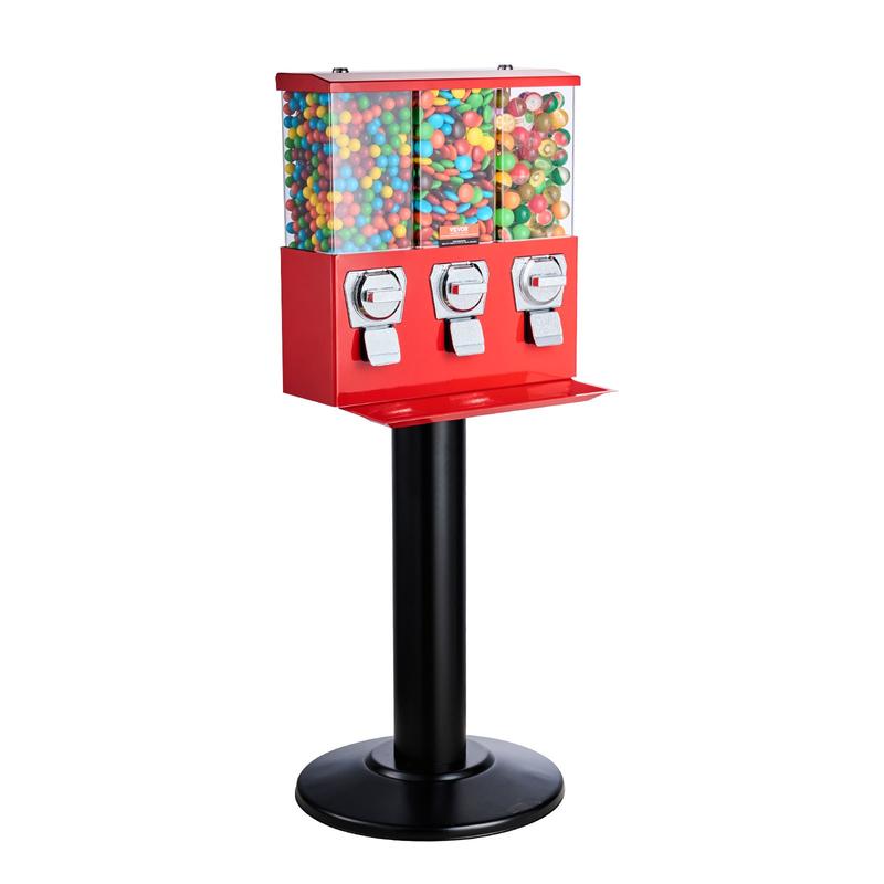 Commercial Vending Machine, Triple Compartment Candy Dispenser with Iron Stand, Gumball and Candy Machine for Business, Coin Operated Gumball Bank for Toy Capsules Bouncy Balls Candy Nut, Red