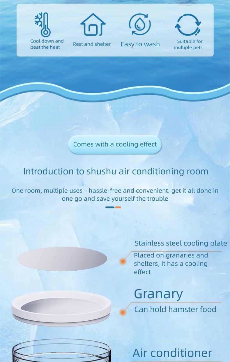 Small Pet Cooling & Hideout Hut, made of PP material, light-blocking, chew-resistant and roomy.Suitable for hamsters, Syrian hamsters, fancy rats, hedgehogs and other small pets.Comes with 2 replacement ice packs.