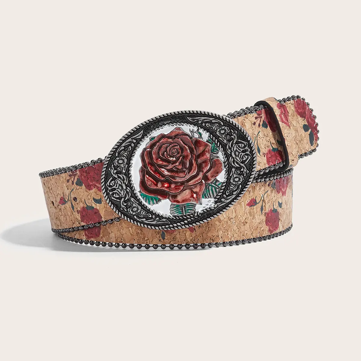 Female Heavy Duty Waist Belt - Vintage Western Embossed Rose Metal Buckle, PU Leather Cork Texture Floral Flowers Strap, Retro Decorative Accessory for Jeans, 3 Lengths Available