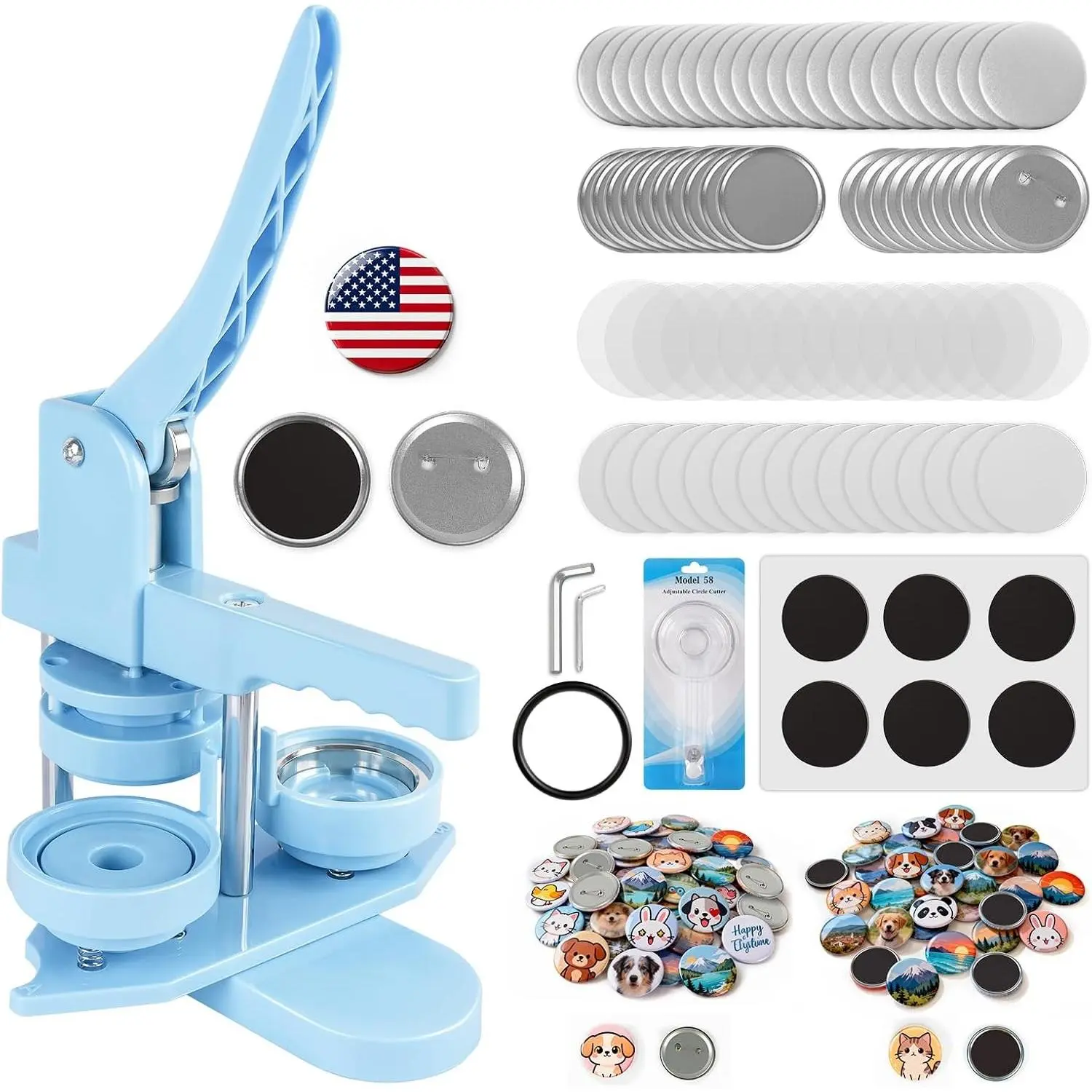 Button Maker Machine 58mm/2.25in, 2-in-1 Button Maker & Magnet Maker Machine for Making Badges and Fridge Magnets, DIY Pin Maker Machine Kit with 50 Badge Parts & 50 Magnet Making Supplies