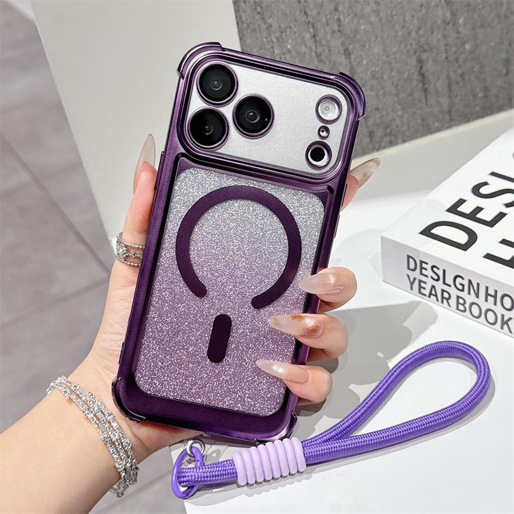 Luxury Wrist Strap Glitter Lanyard Phone Case For iPhone 17 Air 16 15 14 13 Pro Max For Magsafe Wireless Charging Armor Cover