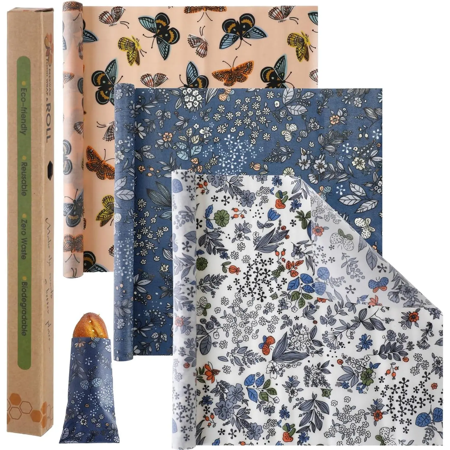 3 Rolls Beeswax Wraps for   13 x 40" Cut to Size  Beeswax  Wrap   Sustainable Wax Paper Wrappers Plastic  Free for Bread Cheese(Butterfly)