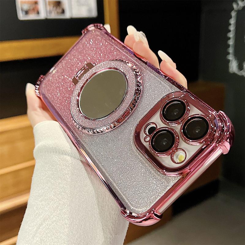 OREKROY Mirror Bling Case Ring Kickstand MagSafe Cover For iPhone 16 Pro Max 15 14 13 12,Anti-fall Shockproof Bling-bling twinkle Phone Cover,Phone Accessories